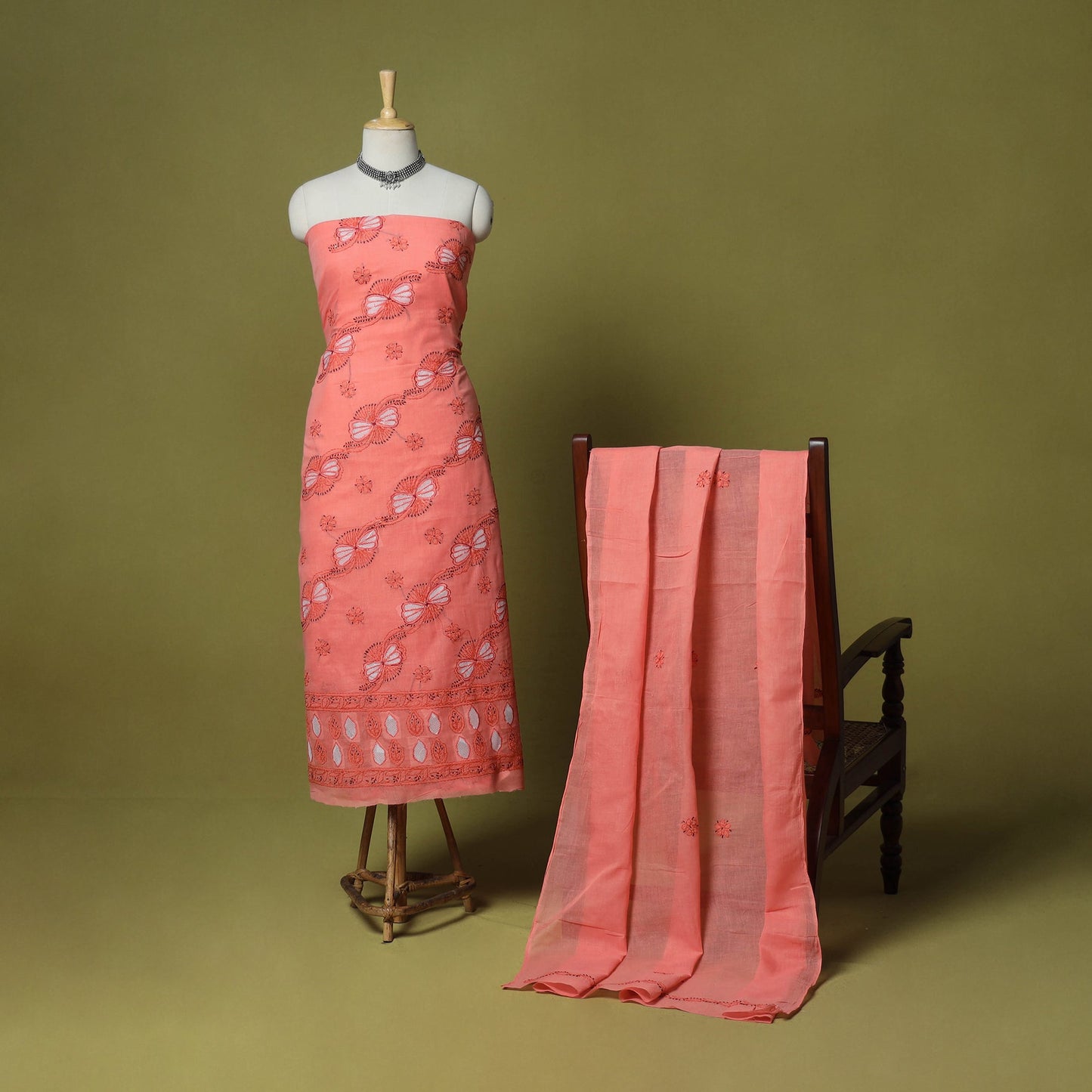 Peach - 3pc hand embroidery cotton lucknow chikankari dress