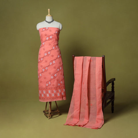 Peach - 3pc hand embroidery cotton lucknow chikankari dress