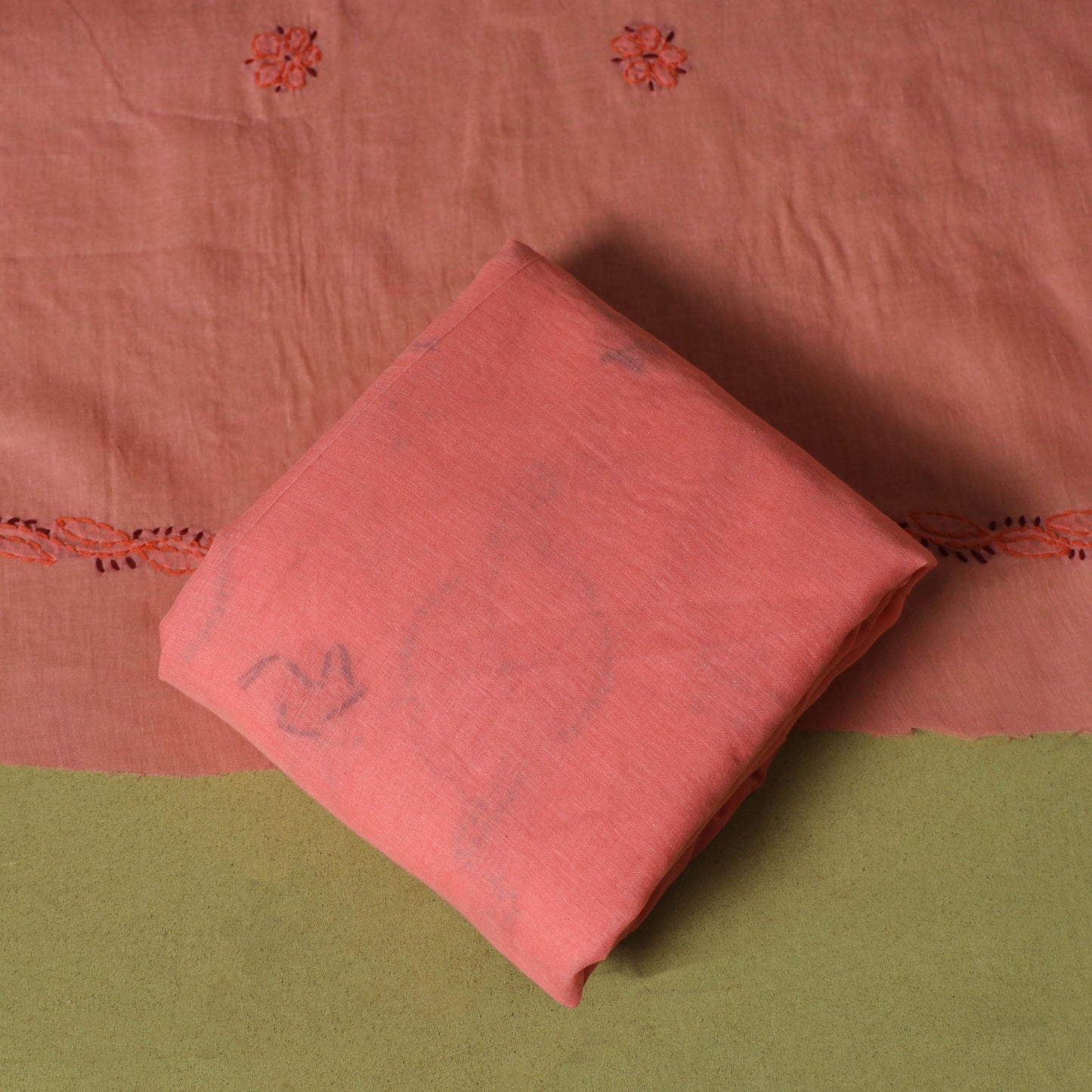 Peach - 3pc hand embroidery cotton lucknow chikankari dress