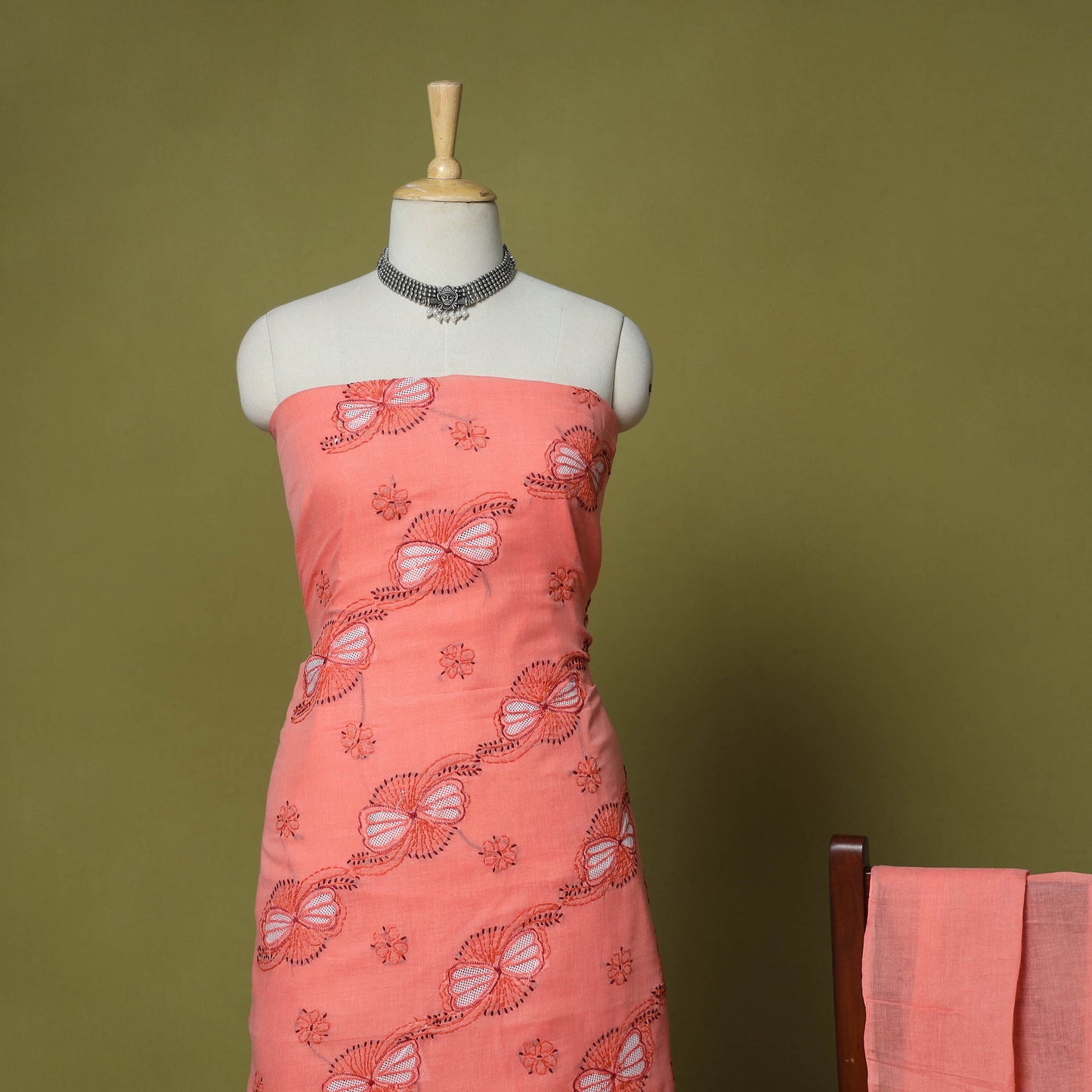 Peach - 3pc hand embroidery cotton lucknow chikankari dress