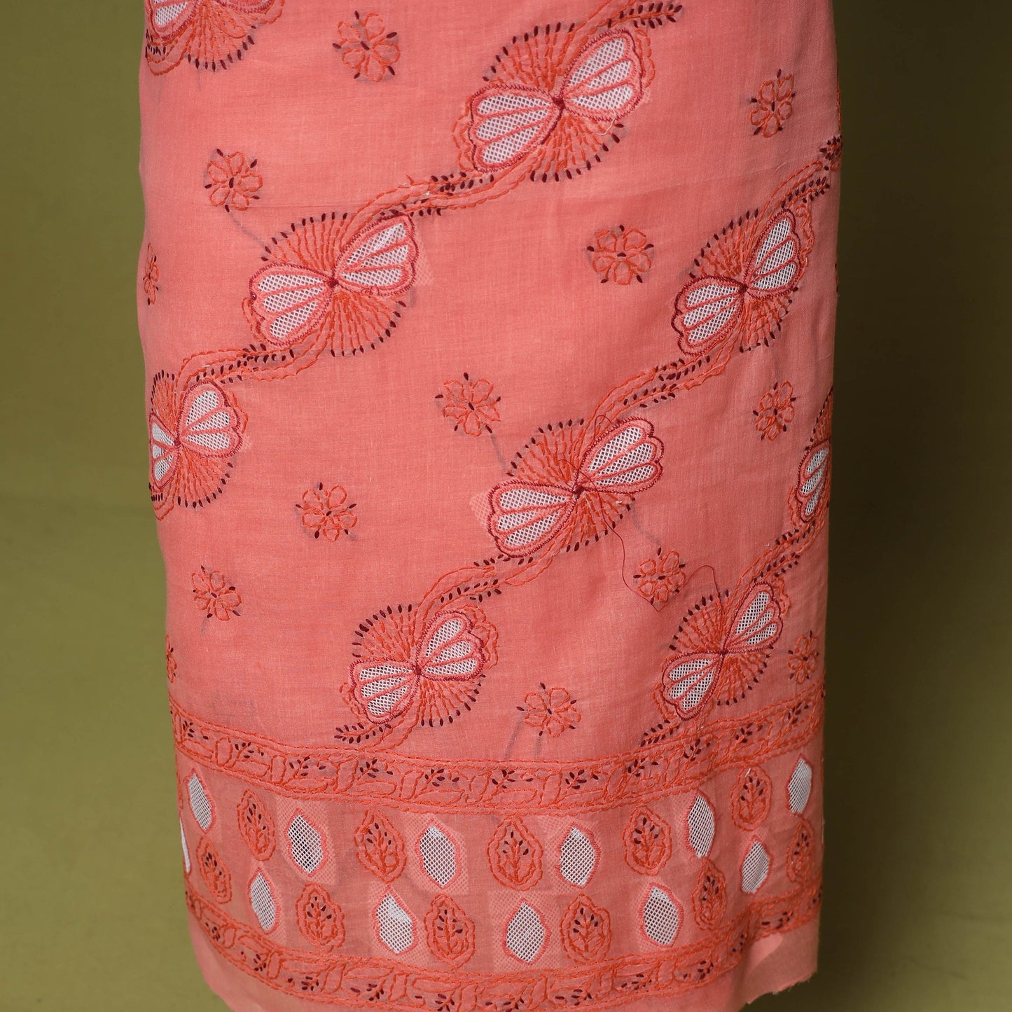 Peach - 3pc hand embroidery cotton lucknow chikankari dress