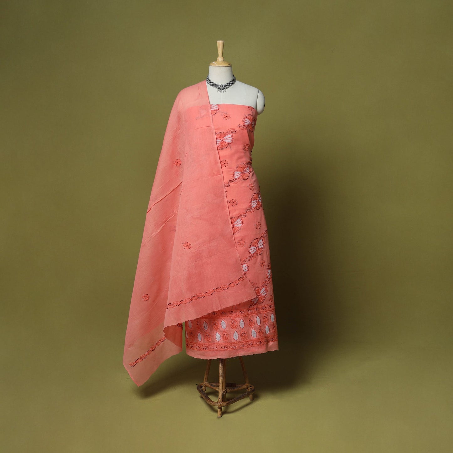 Peach - 3pc hand embroidery cotton lucknow chikankari dress