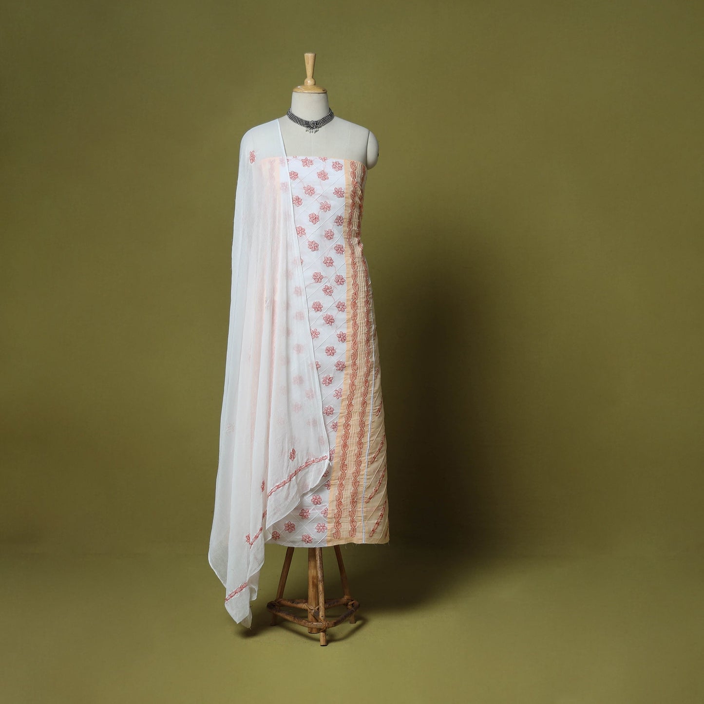 Peach - 3pc hand embroidery cotton lucknow chikankari dress