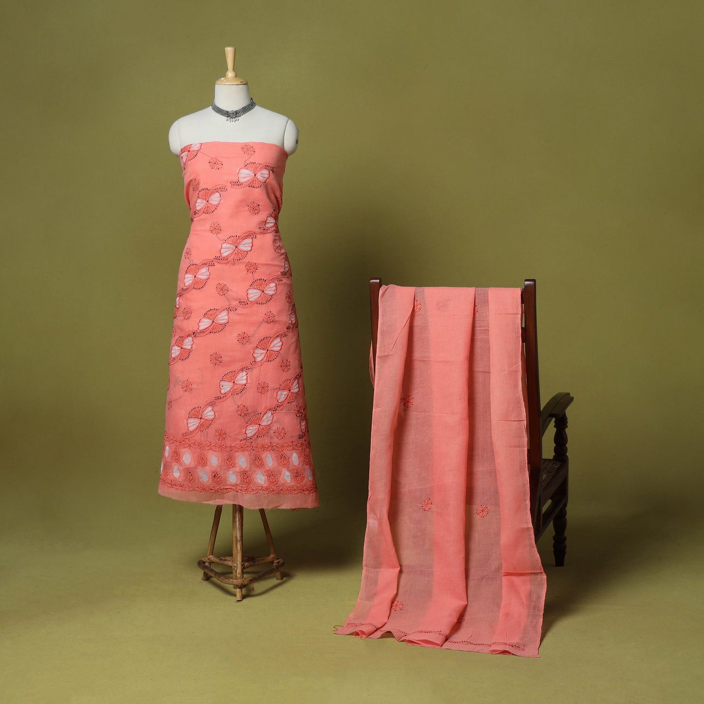 Peach - 3pc hand embroidery cotton lucknow chikankari dress