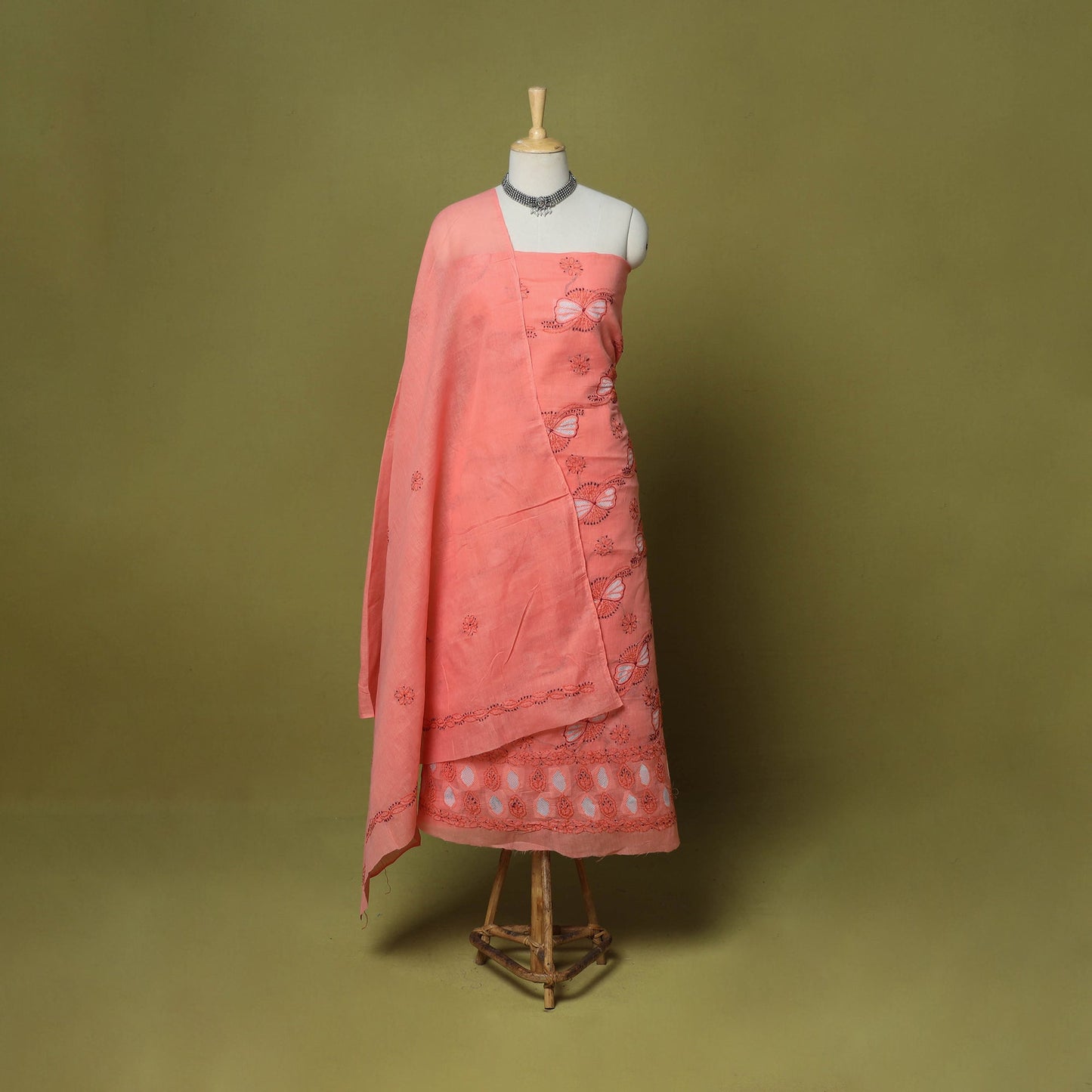 Peach - 3pc hand embroidery cotton lucknow chikankari dress