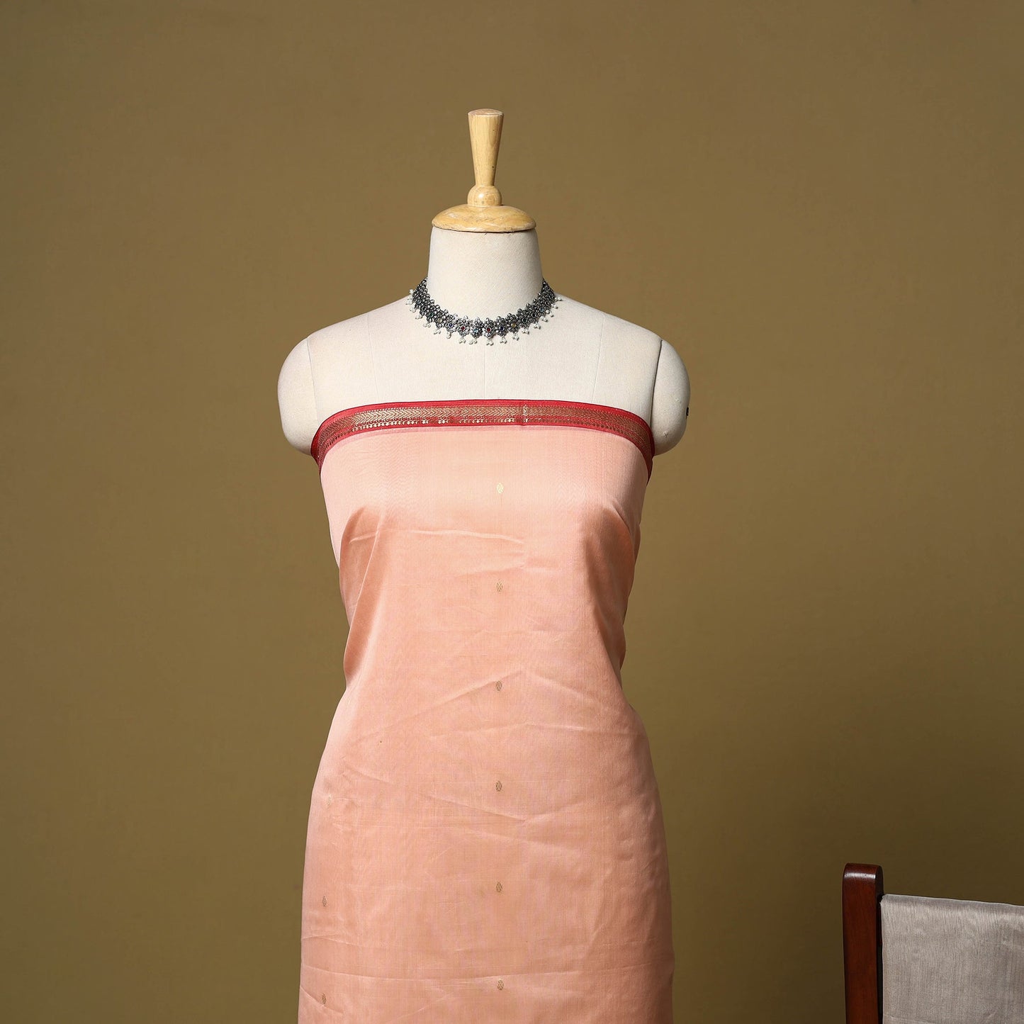 Peach - 3pc handloom zari buti unstitched chanderi silk