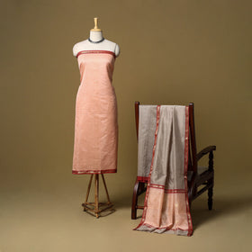 Peach - 3pc handloom zari buti unstitched chanderi silk