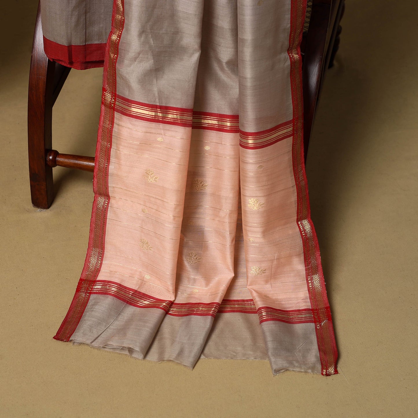 Peach - 3pc handloom zari buti unstitched chanderi silk