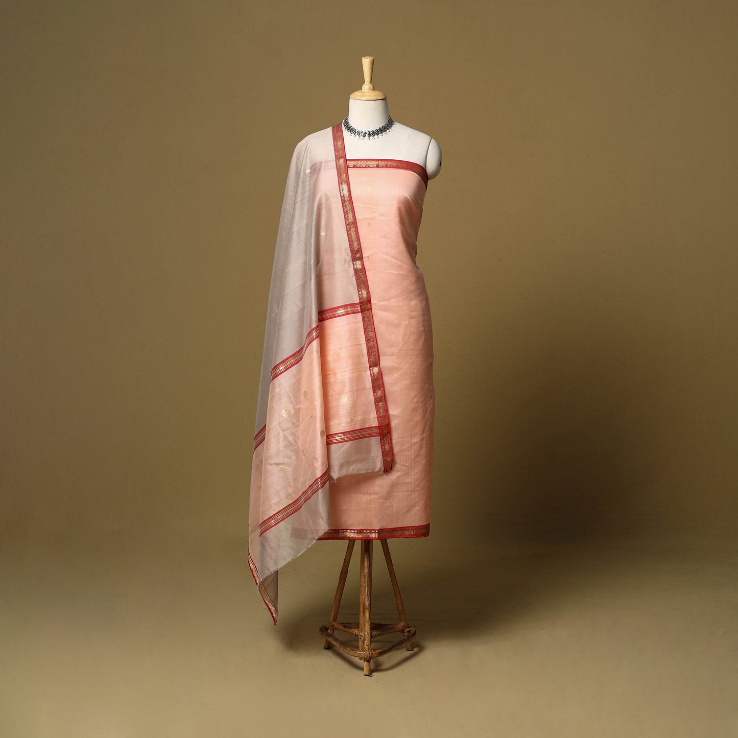 Peach - 3pc handloom zari buti unstitched chanderi silk
