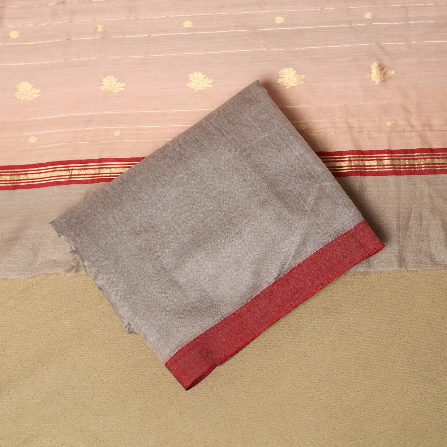 Peach - 3pc handloom zari buti unstitched chanderi silk