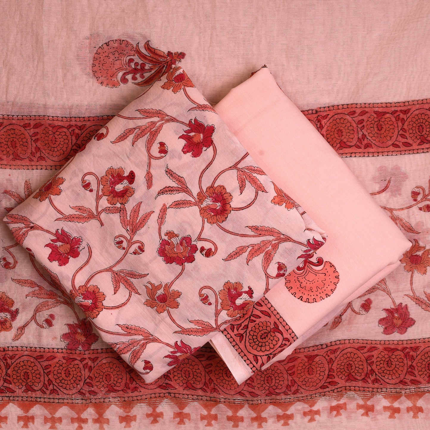  3pc Peach Sanganeri Block Printed Cotton Suit Material with Chanderi Silk Dupatta