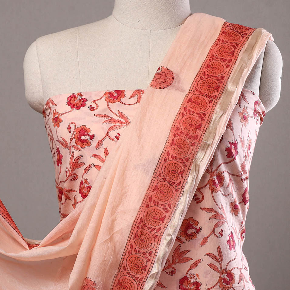  3pc Peach Sanganeri Block Printed Cotton Suit Material with Chanderi Silk Dupatta