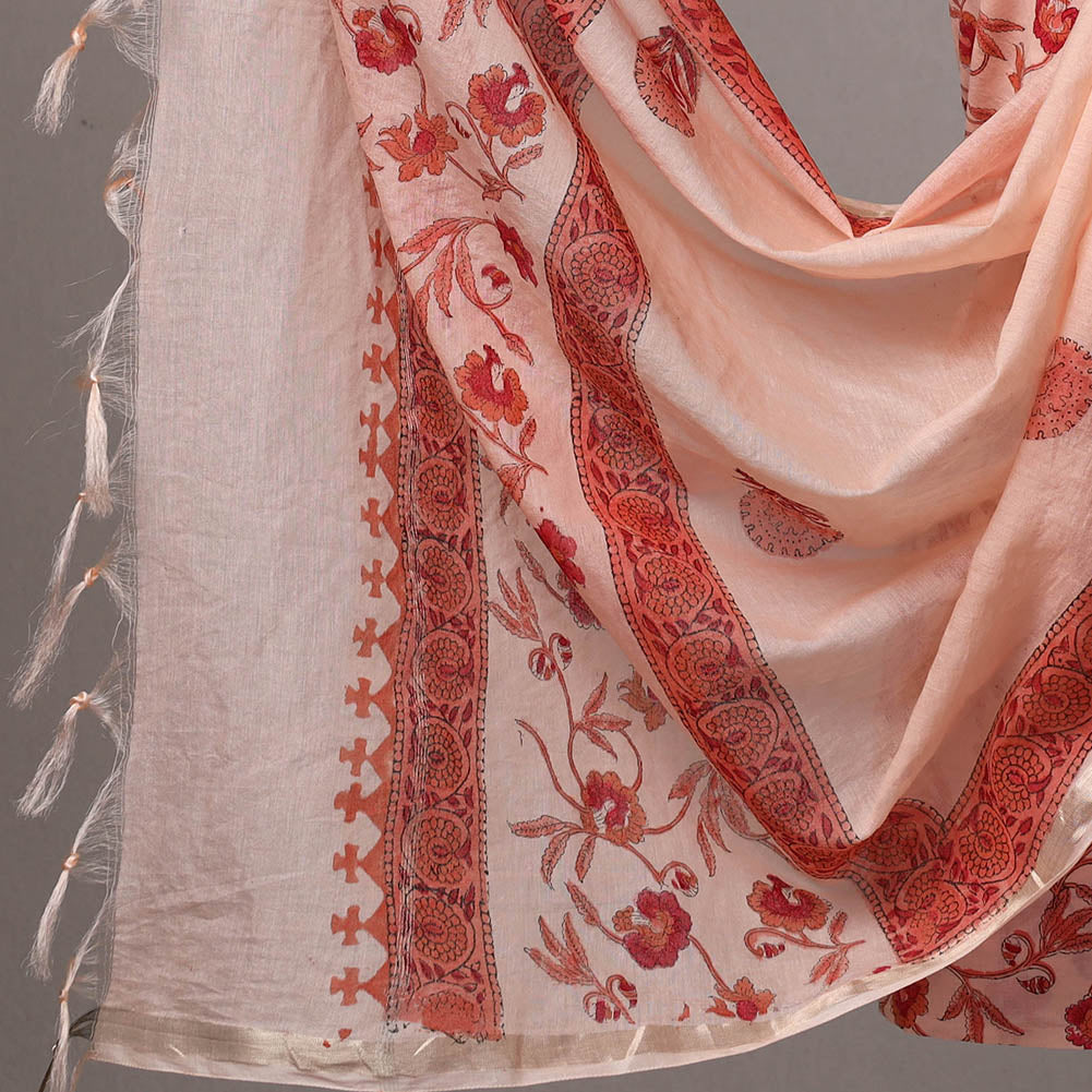  3pc Peach Sanganeri Block Printed Cotton Suit Material with Chanderi Silk Dupatta