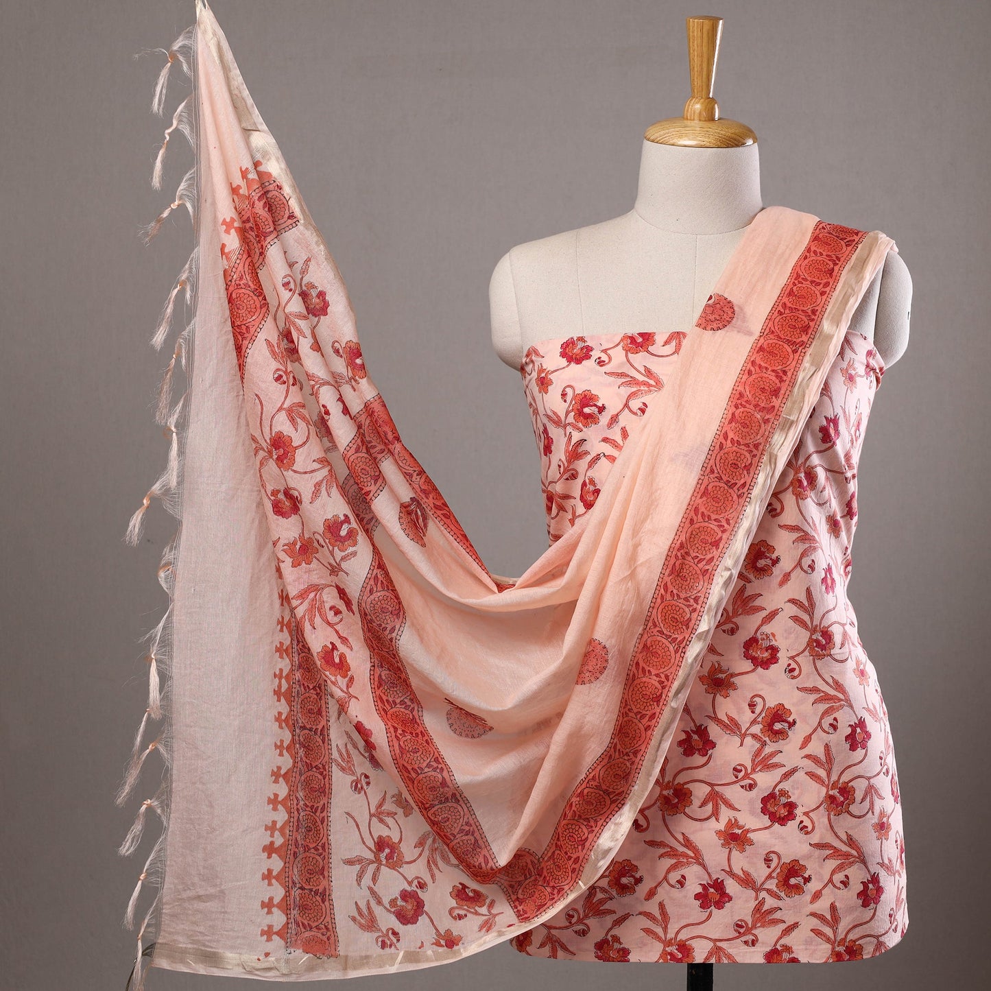  3pc Peach Sanganeri Block Printed Cotton Suit Material with Chanderi Silk Dupatta