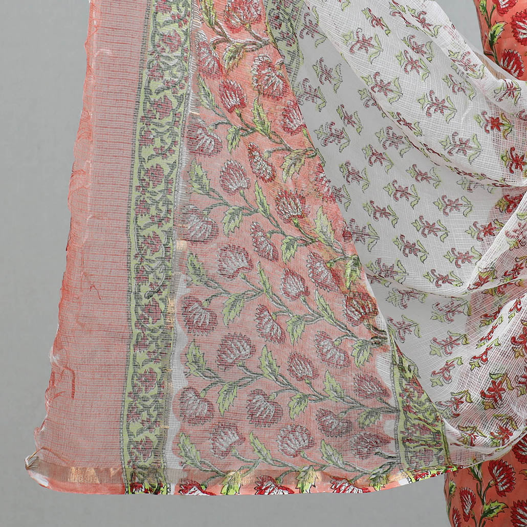 Peach 3pc Sanganeri Block Printed Cotton Suit Material with Kota Doria Dupatta 17
