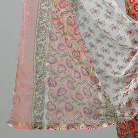 Peach 3pc Sanganeri Block Printed Cotton Suit Material with Kota Doria Dupatta 17