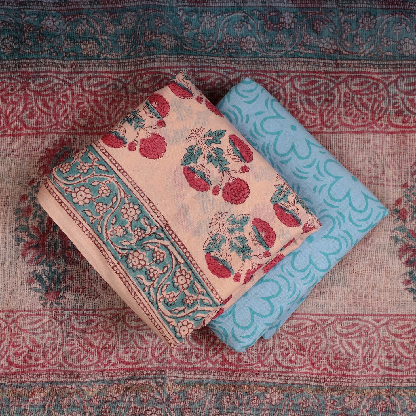 Buy 3pc Sanganeri Block Printed Cotton Suit Material with Kota Doria Dupatta Online at iTokri.com