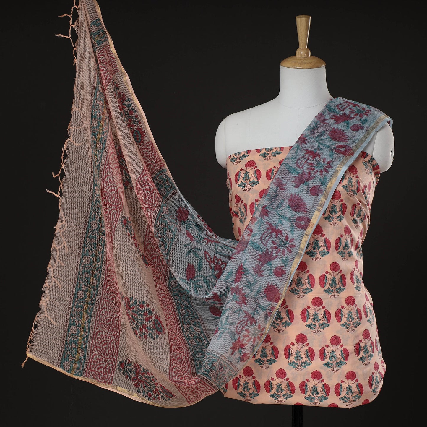 Buy 3pc Sanganeri Block Printed Cotton Suit Material with Kota Doria Dupatta Online at iTokri.com