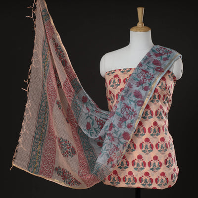 Buy 3pc Sanganeri Block Printed Cotton Suit Material with Kota Doria Dupatta Online at iTokri.com