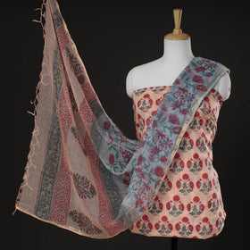 Buy 3pc Sanganeri Block Printed Cotton Suit Material with Kota Doria Dupatta Online at iTokri.com