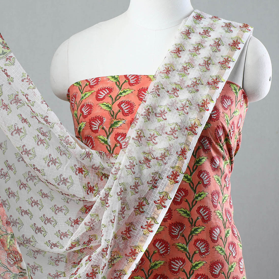 Peach 3pc Sanganeri Block Printed Cotton Suit Material with Kota Doria Dupatta 17