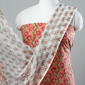 Peach 3pc Sanganeri Block Printed Cotton Suit Material with Kota Doria Dupatta 17
