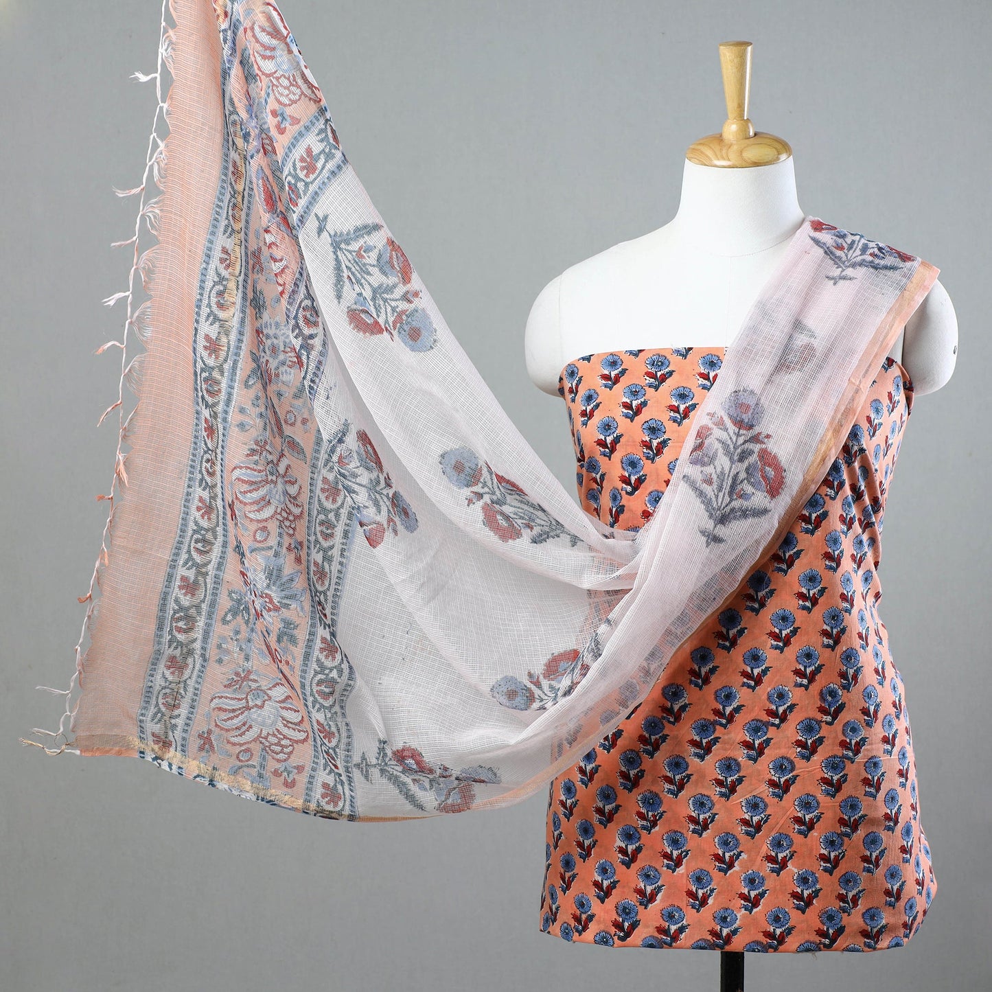 Buy 3pc Sanganeri Block Printed Cotton Suit Material with Kota Doria Dupatta 11 Onine at iTokri.com
