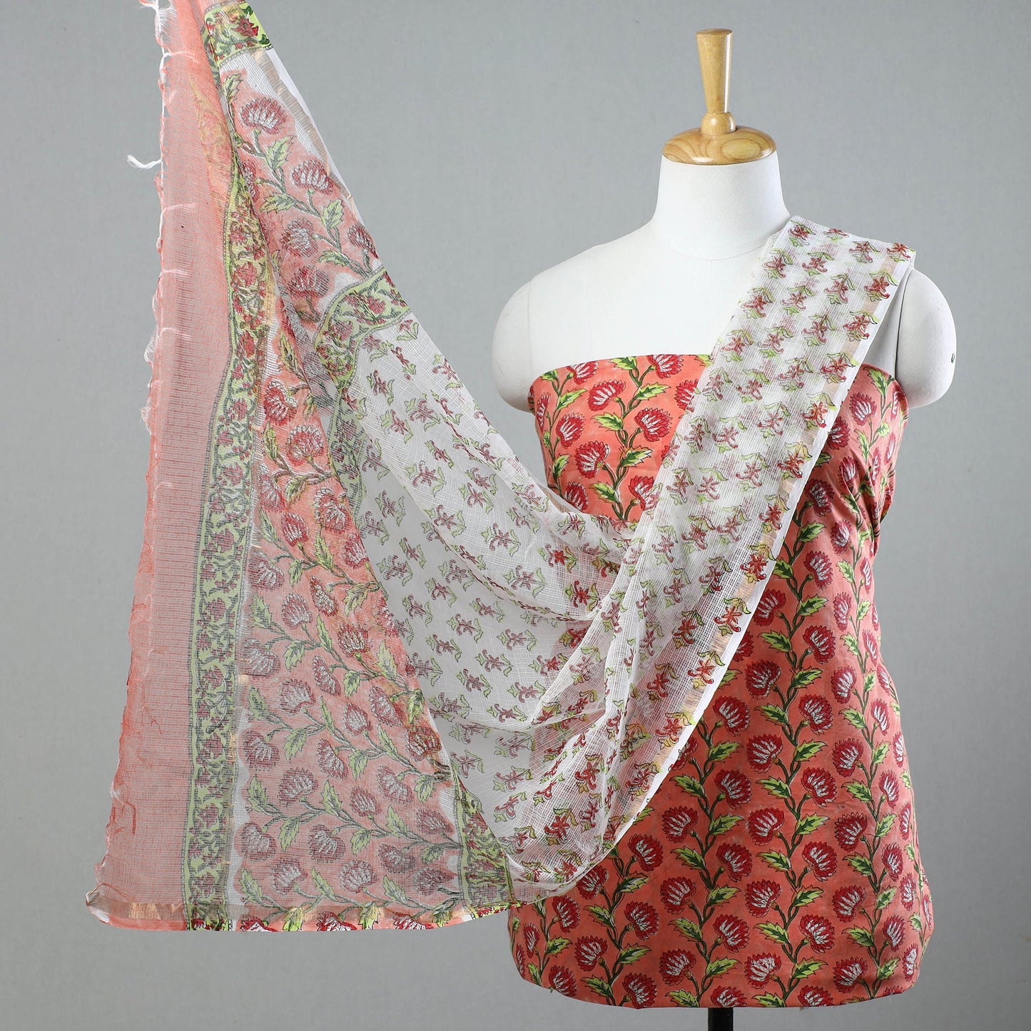 Peach 3pc Sanganeri Block Printed Cotton Suit Material with Kota Doria Dupatta 17