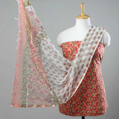 Peach 3pc Sanganeri Block Printed Cotton Suit Material with Kota Doria Dupatta 17