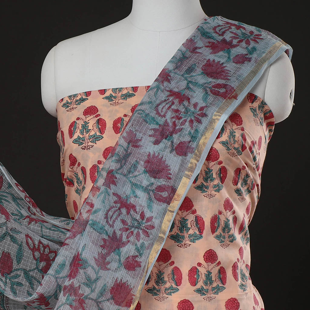 Buy 3pc Sanganeri Block Printed Cotton Suit Material with Kota Doria Dupatta Online at iTokri.com