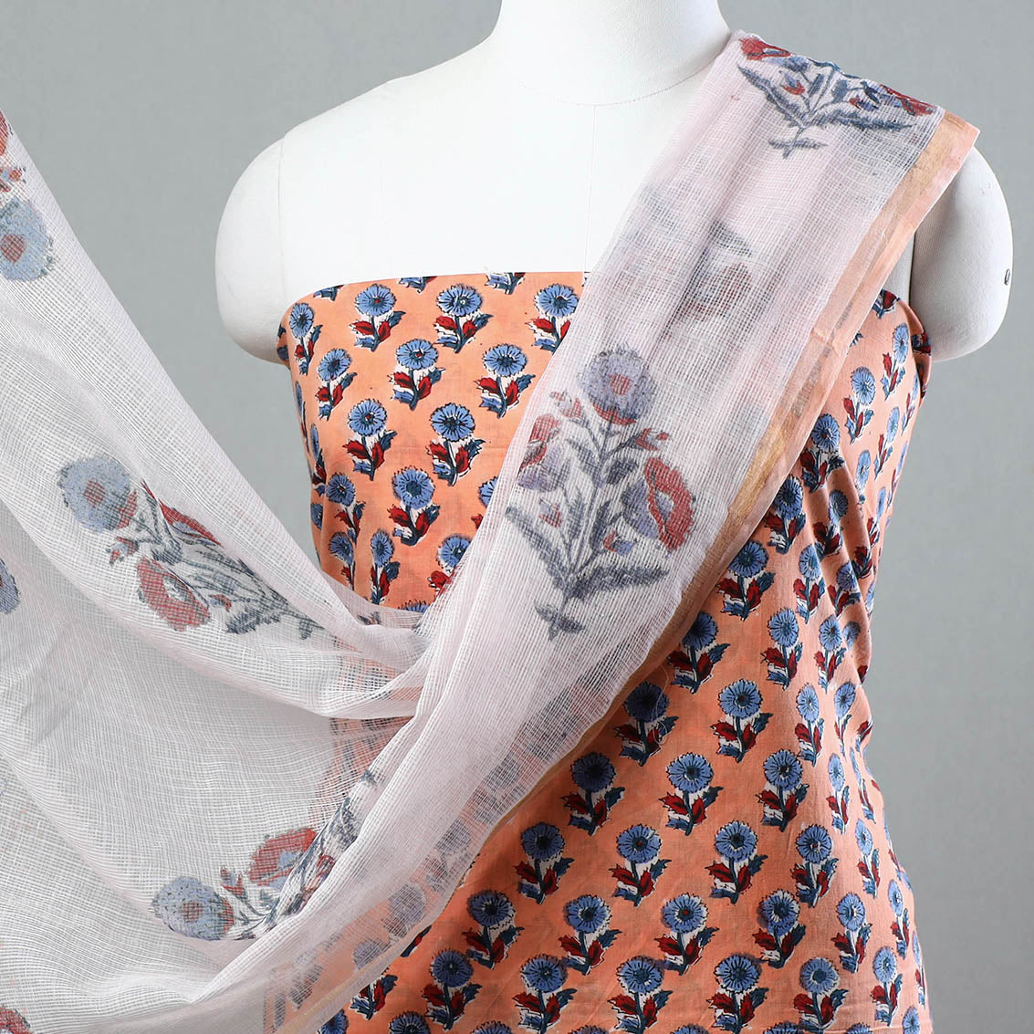 Buy 3pc Sanganeri Block Printed Cotton Suit Material with Kota Doria Dupatta 11 Onine at iTokri.com