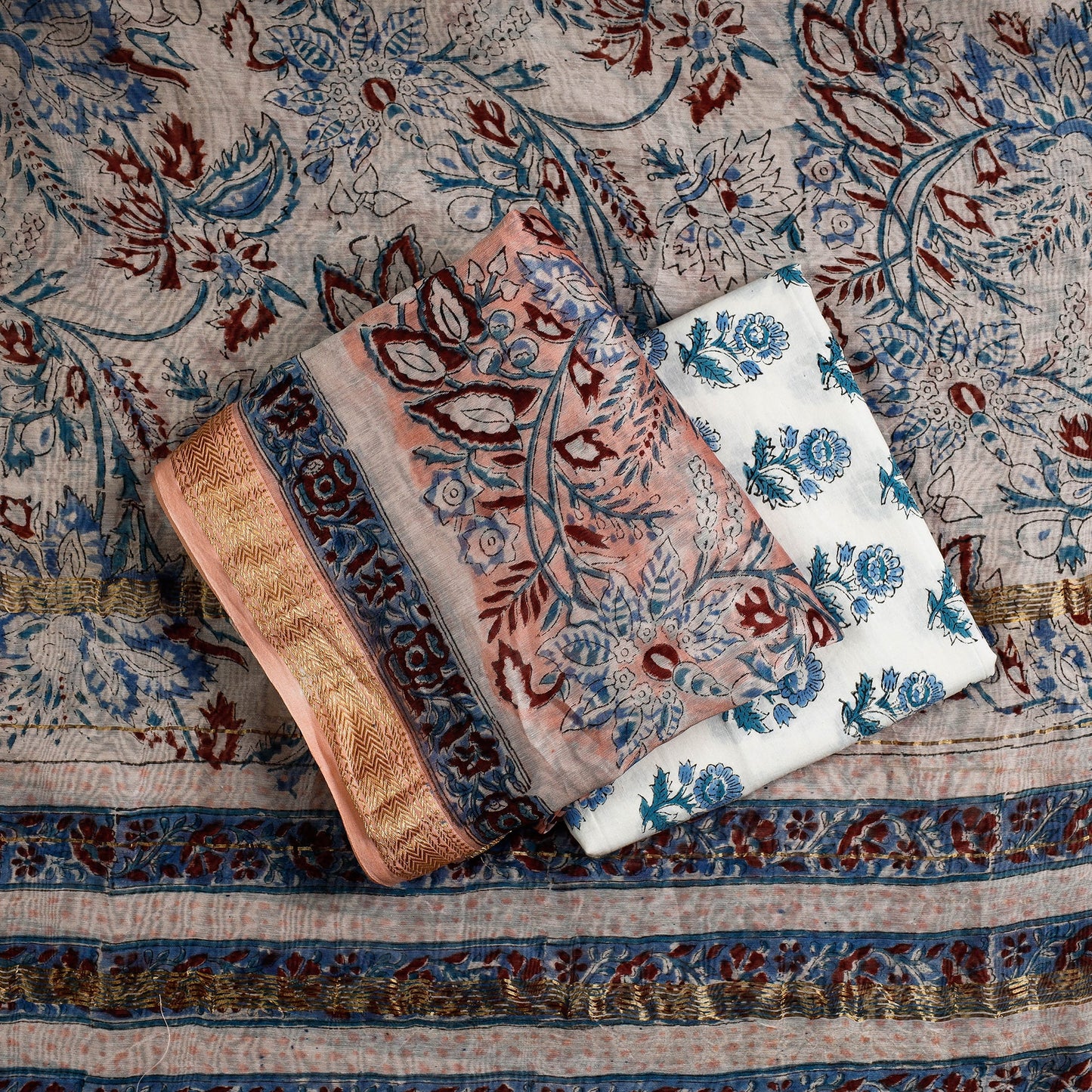  3pc Sanganeri Block Printed Maheshwari Silk Suit Material Set 