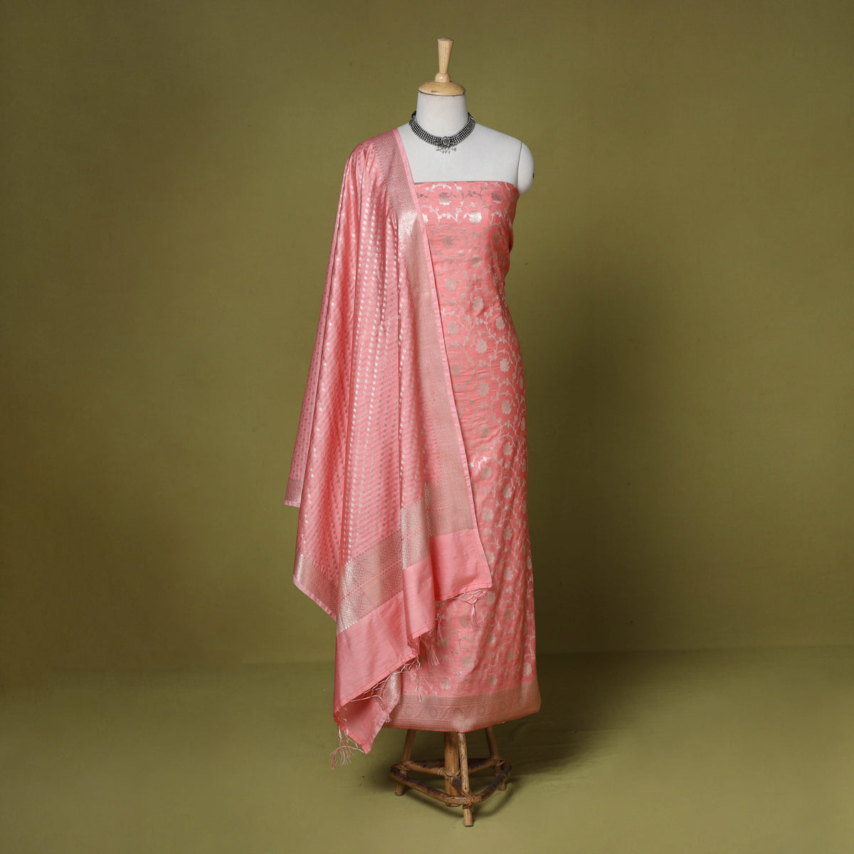 Peach - 3pc tanchoi silk cotton unstitched banarasi dress