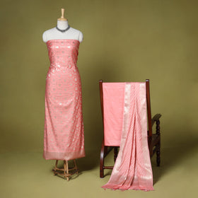 Peach - 3pc tanchoi silk cotton unstitched banarasi dress