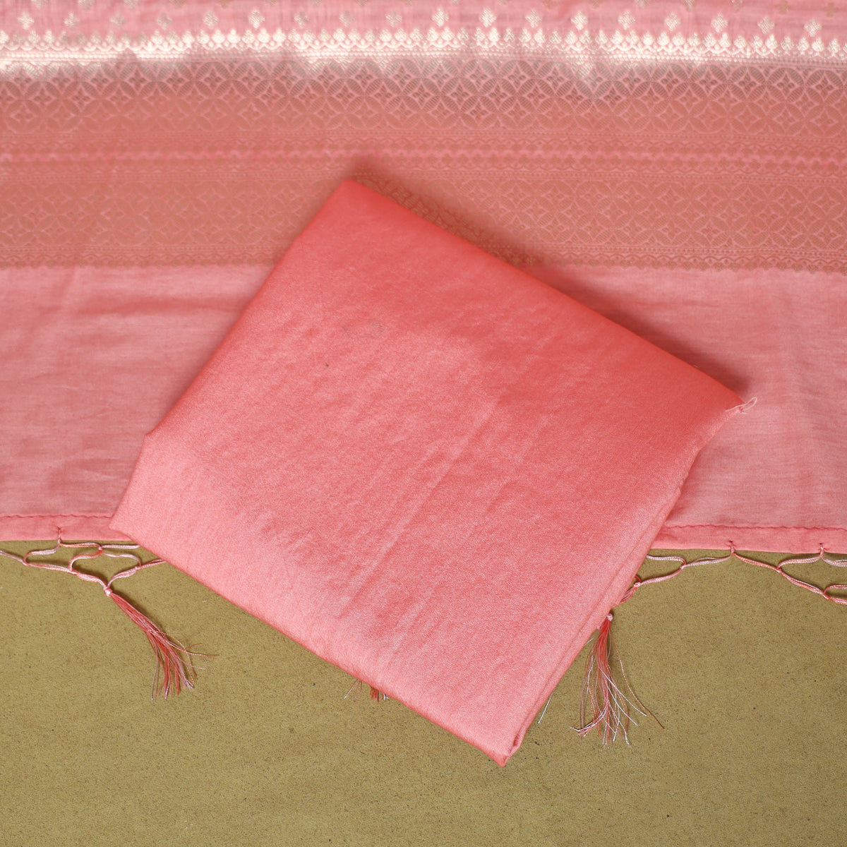 Peach - 3pc tanchoi silk cotton unstitched banarasi dress