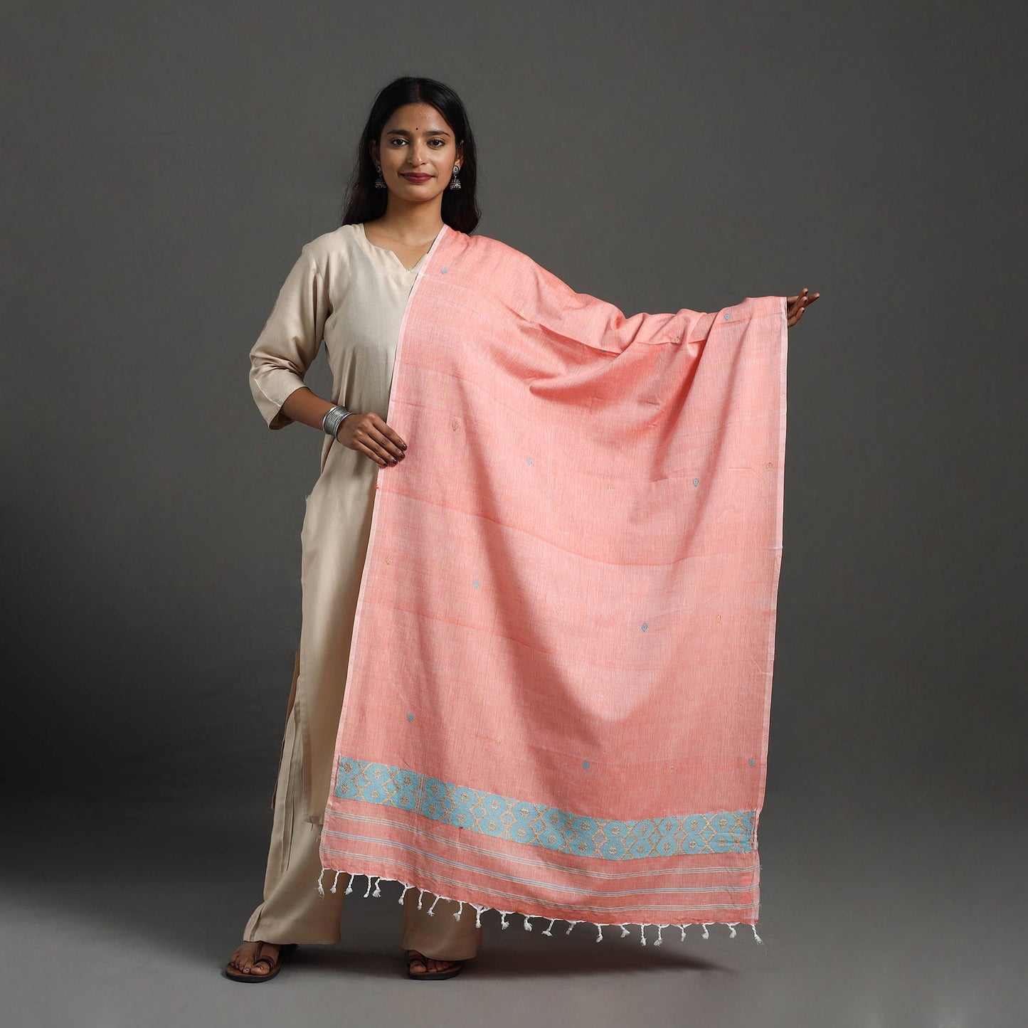 Peach - assam weave thread buti cotton handloom dupatta 03