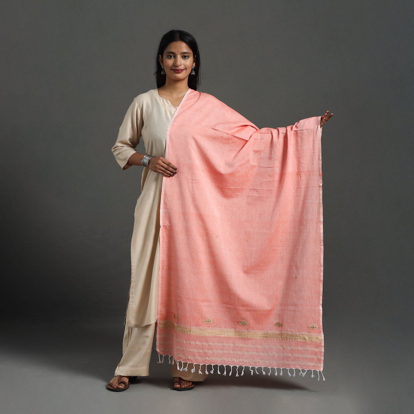 Peach - assam weave thread buti cotton handloom dupatta 13