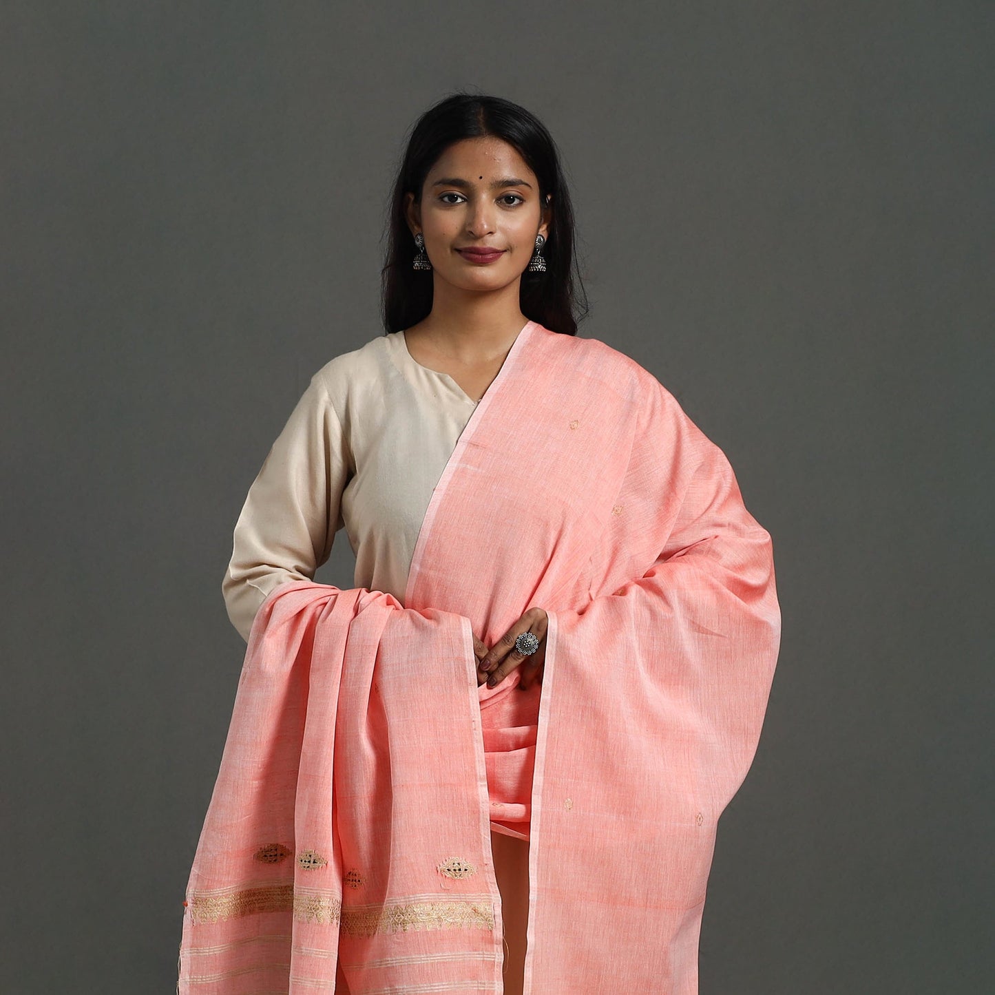 Peach - assam weave thread buti cotton handloom dupatta 13