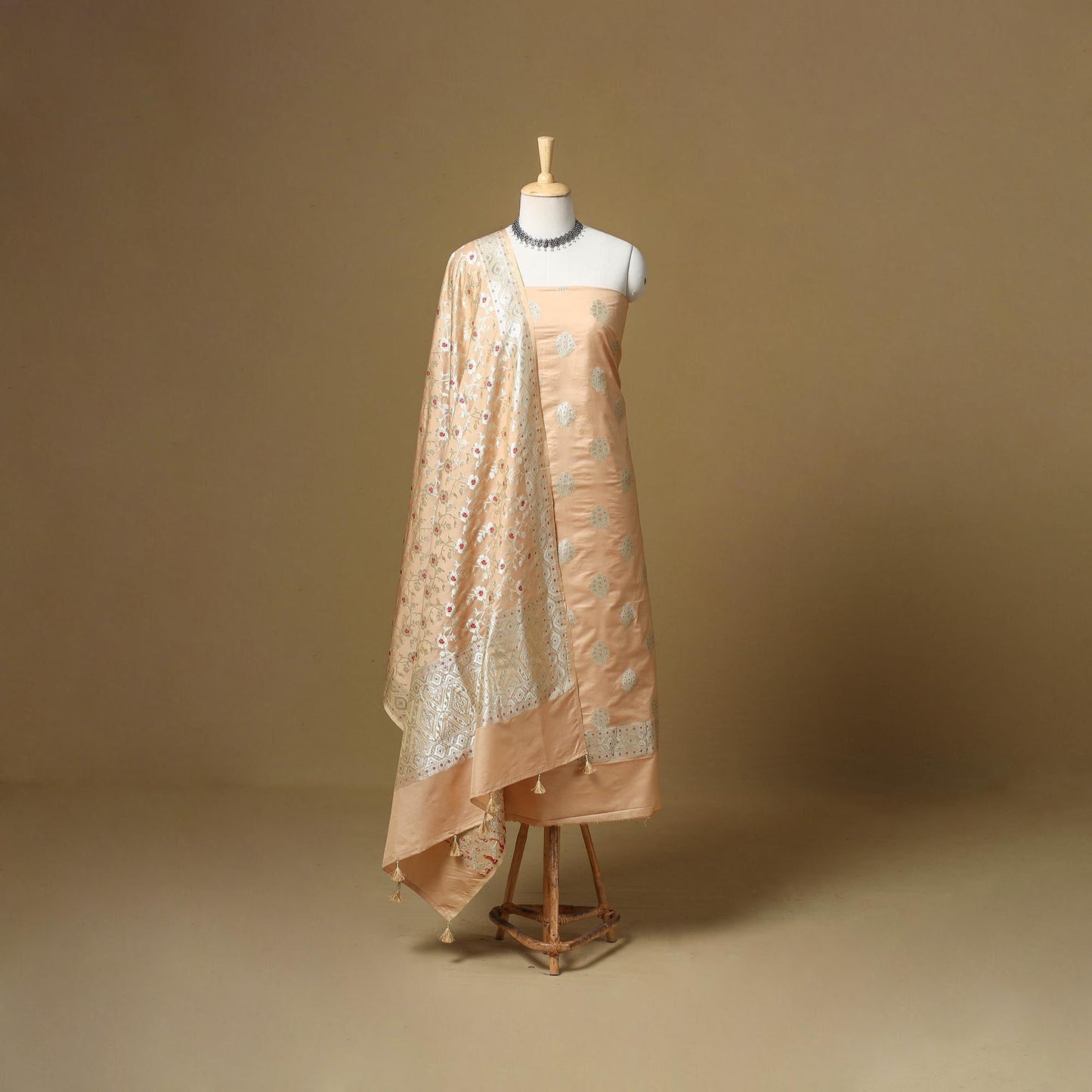 Banarasi silk zari work meena buti 3pc unstitched dress