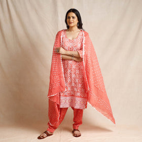 Peach - bandhani cotton kurta with salwar & dupatta set