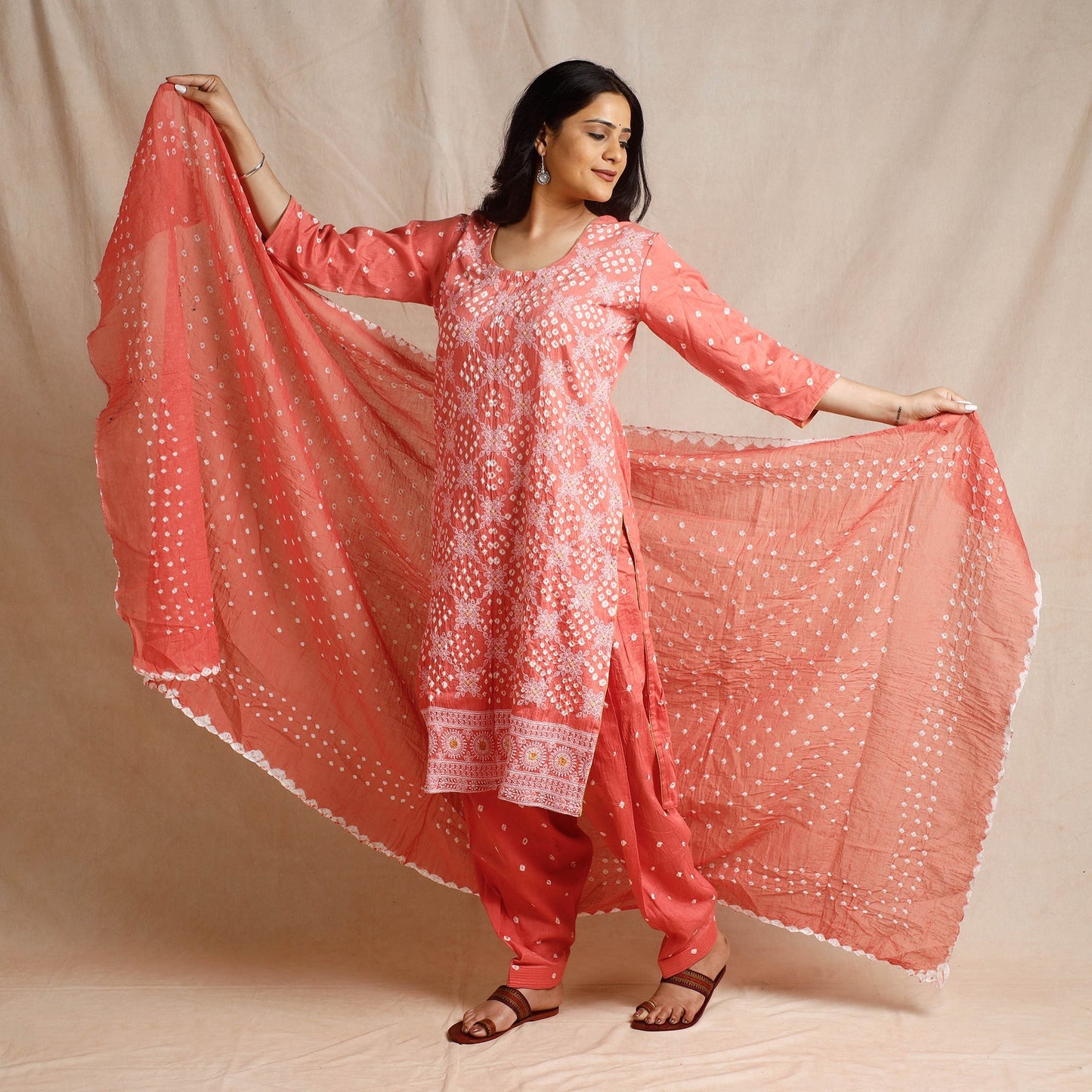 Peach - bandhani cotton kurta with salwar & dupatta set