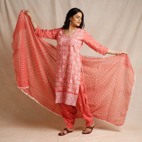 Peach - bandhani cotton kurta with salwar & dupatta set