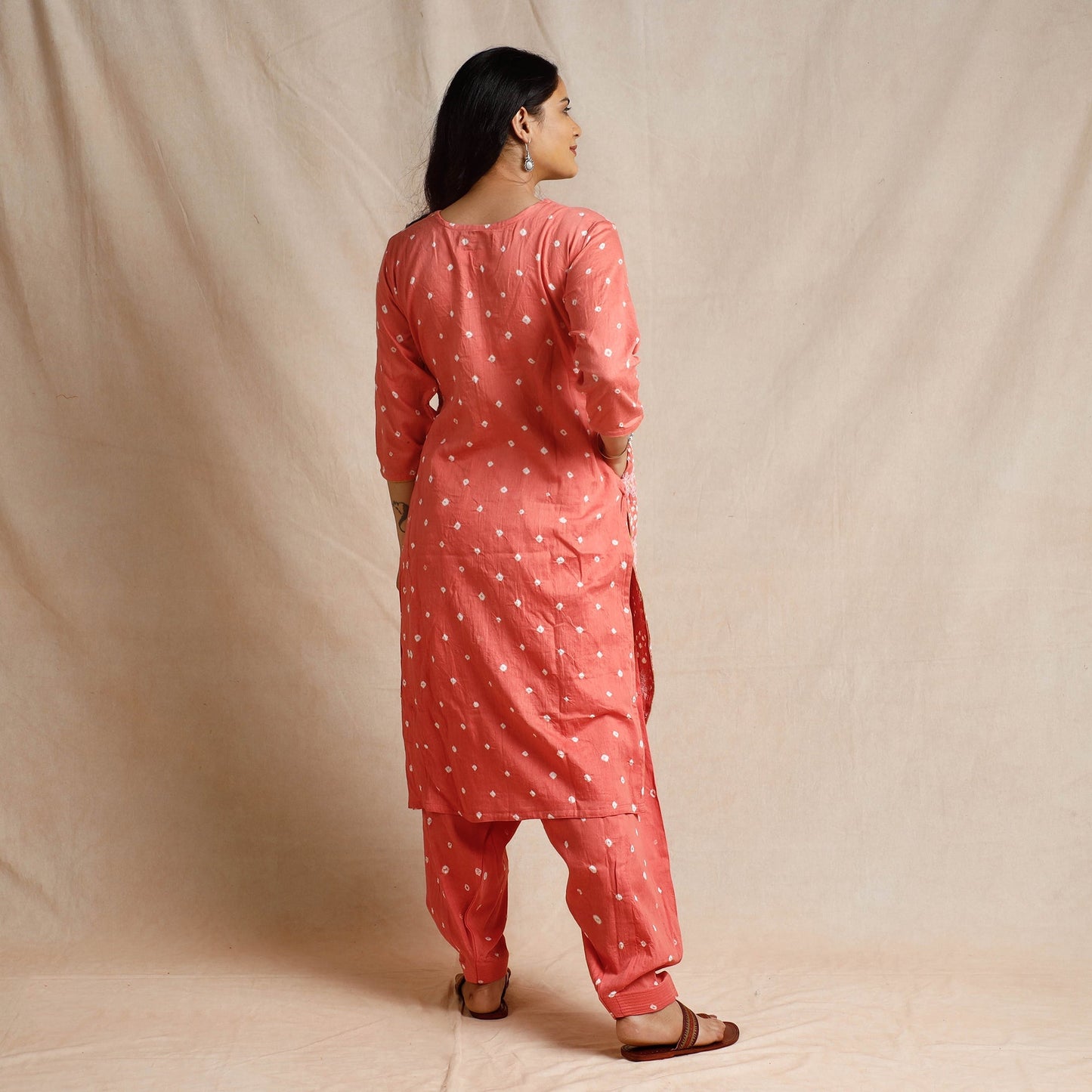 Peach - bandhani cotton kurta with salwar & dupatta set