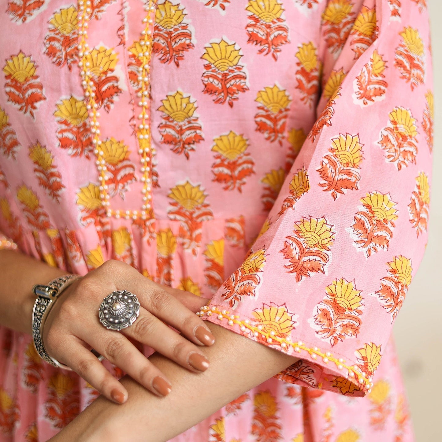  Peach Beadwork Flared Cotton Block Print Sanganeri Kurta
