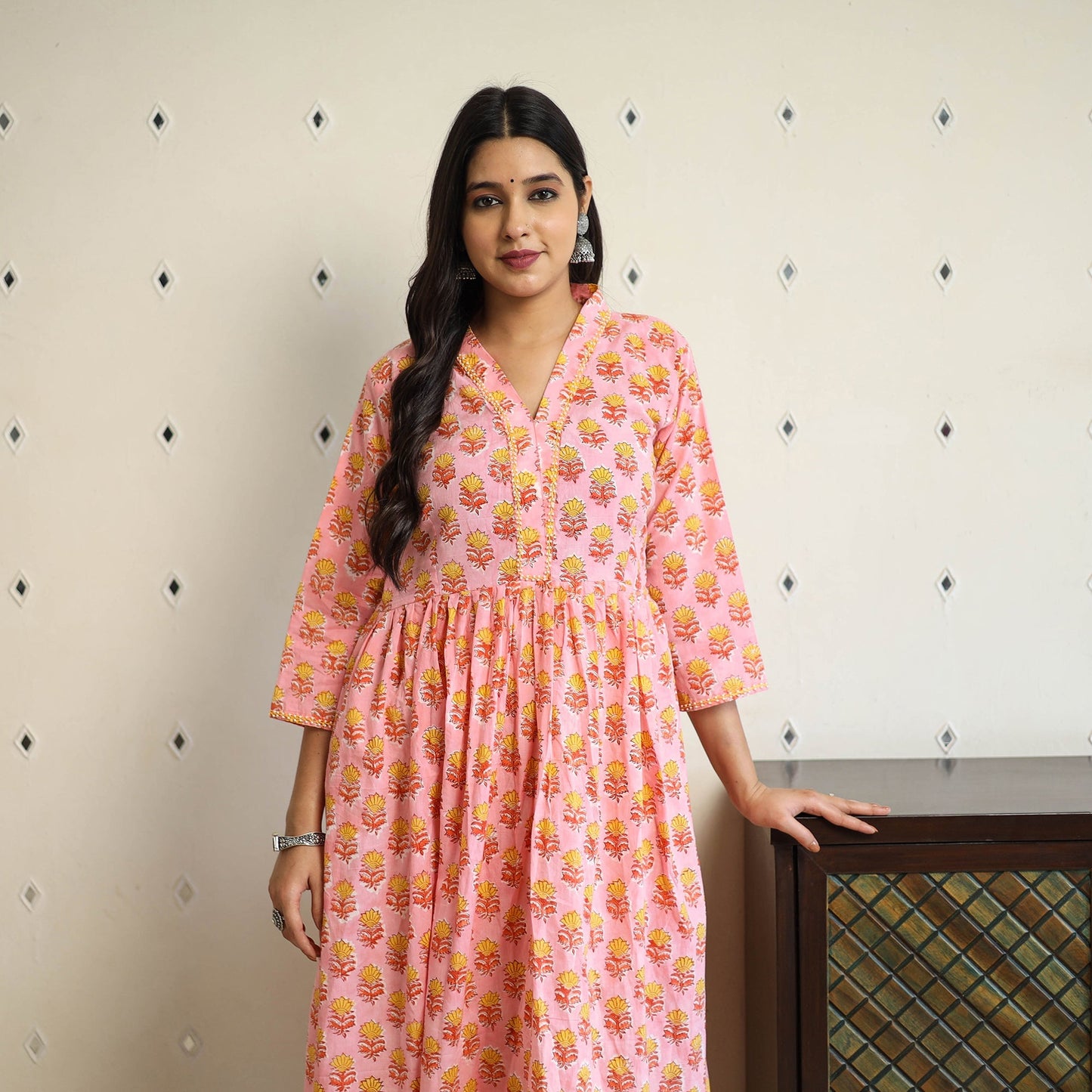  Peach Beadwork Flared Cotton Block Print Sanganeri Kurta