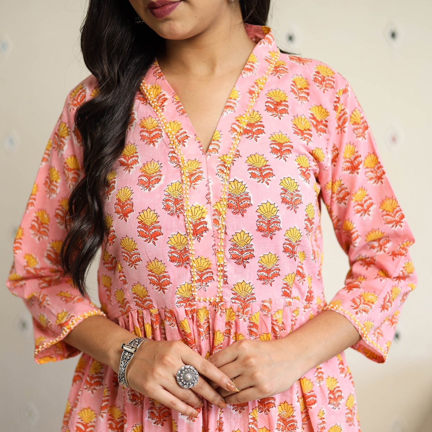  Peach Beadwork Flared Cotton Block Print Sanganeri Kurta