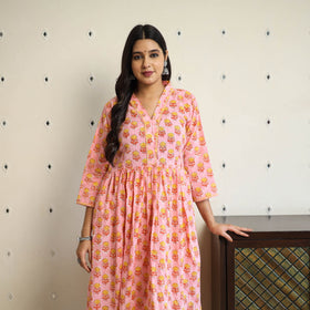  Peach Beadwork Flared Cotton Block Print Sanganeri Kurta