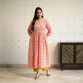  Peach Beadwork Flared Cotton Block Print Sanganeri Kurta
