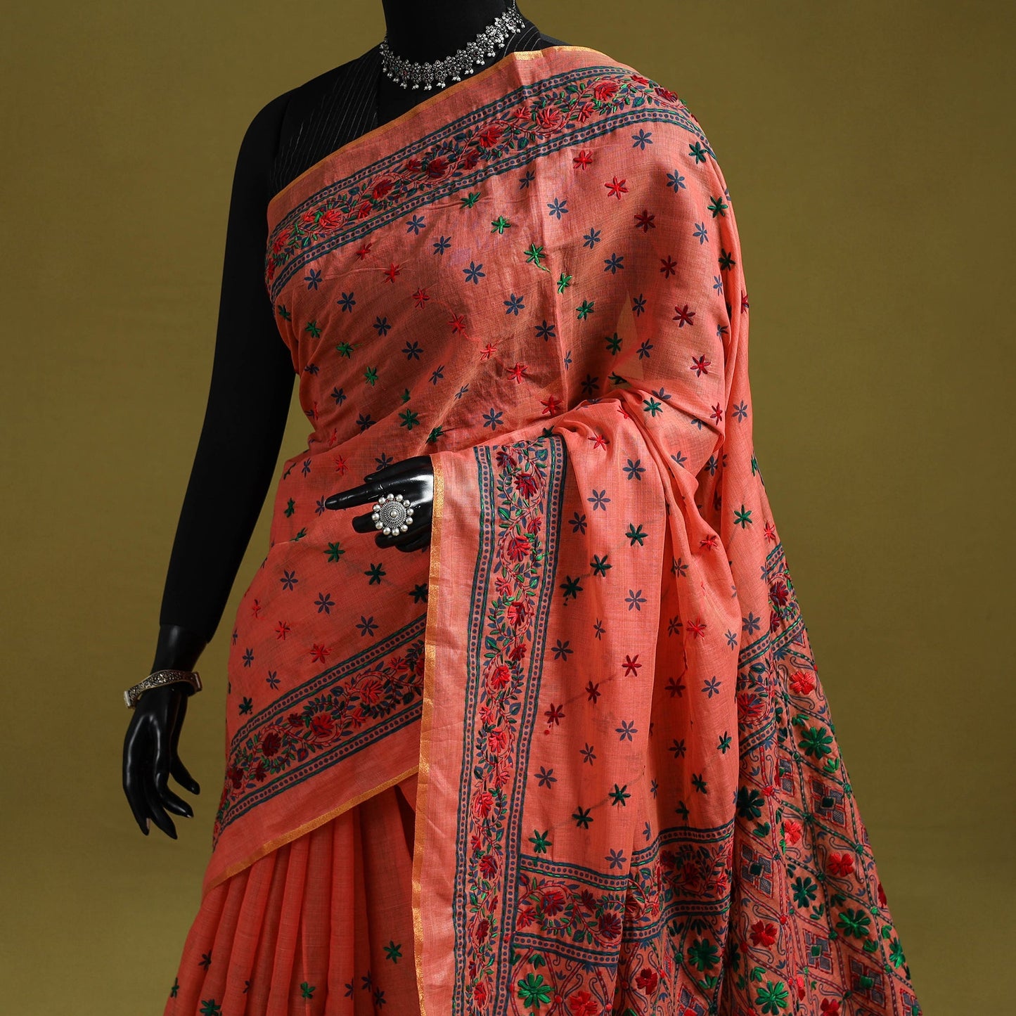 Bengal hand embroidery silk cotton kantha saree 09