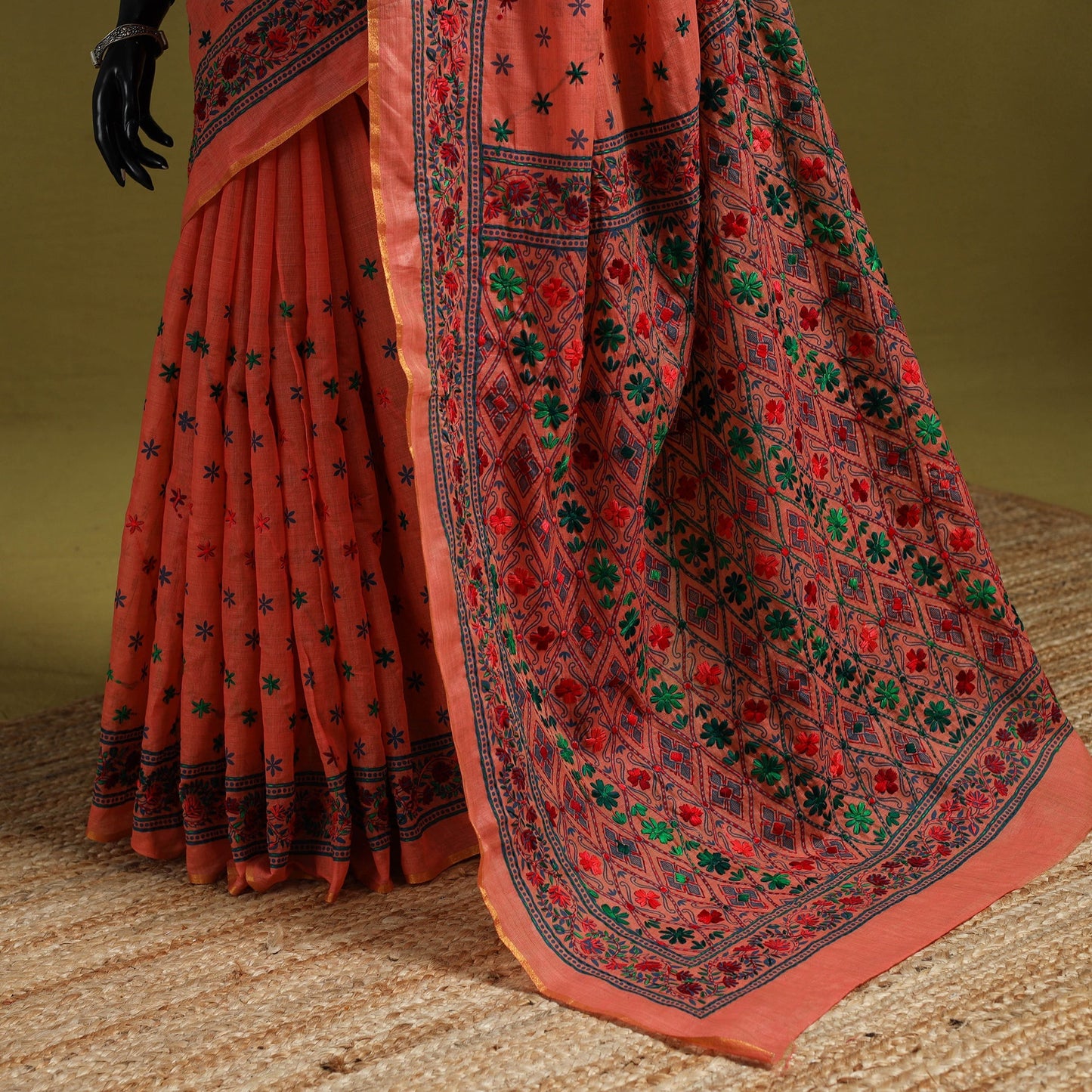 Bengal hand embroidery silk cotton kantha saree 09